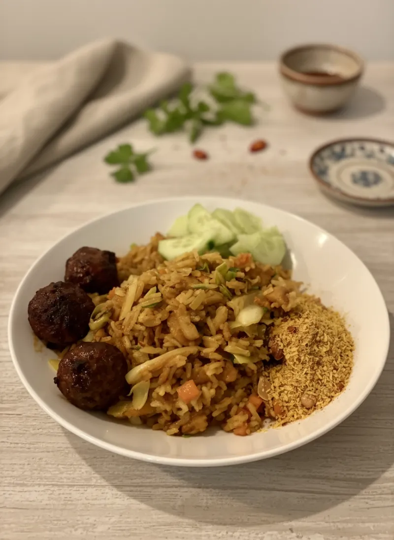 Een kleurrijke nasi met roerbakgroenten en vegetarische kipstukjes