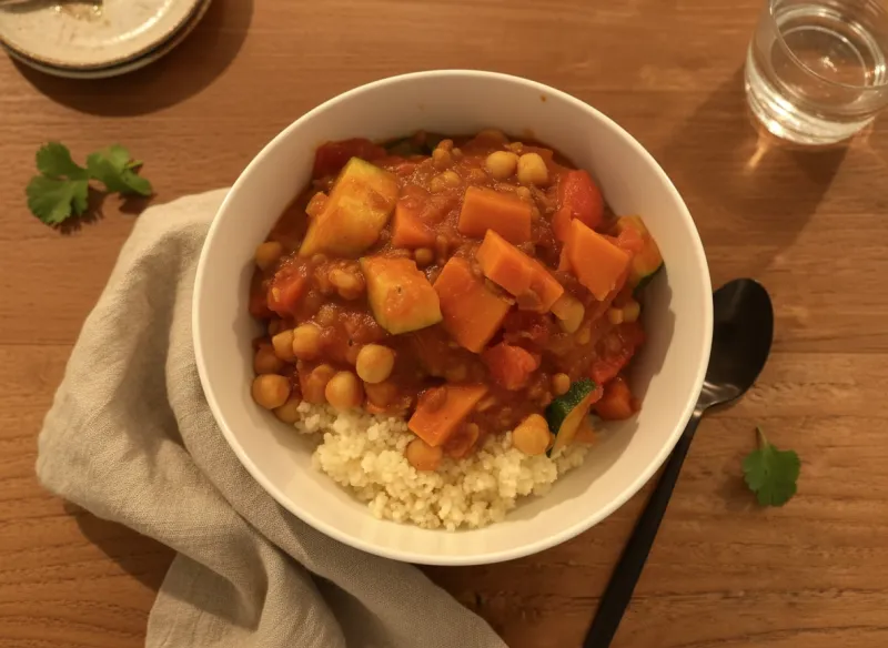 Kleurrijke vegan tajine met groenten en noten